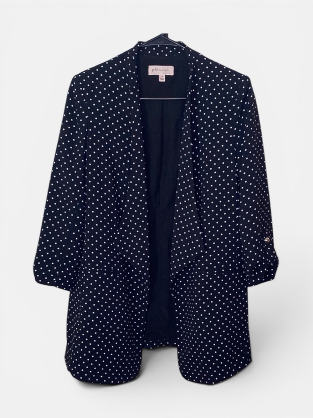 Philosophy Black Polka Dot Tab Sleeve Open Front Blazer Size Medium - Picture 1 of 12